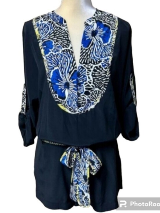 BCBGMaxAzria Pants - BCBGMAXAZRIA Silk Romper Women Small Black 3/4 Roll Tab Sleeve Waist Tie Pockets